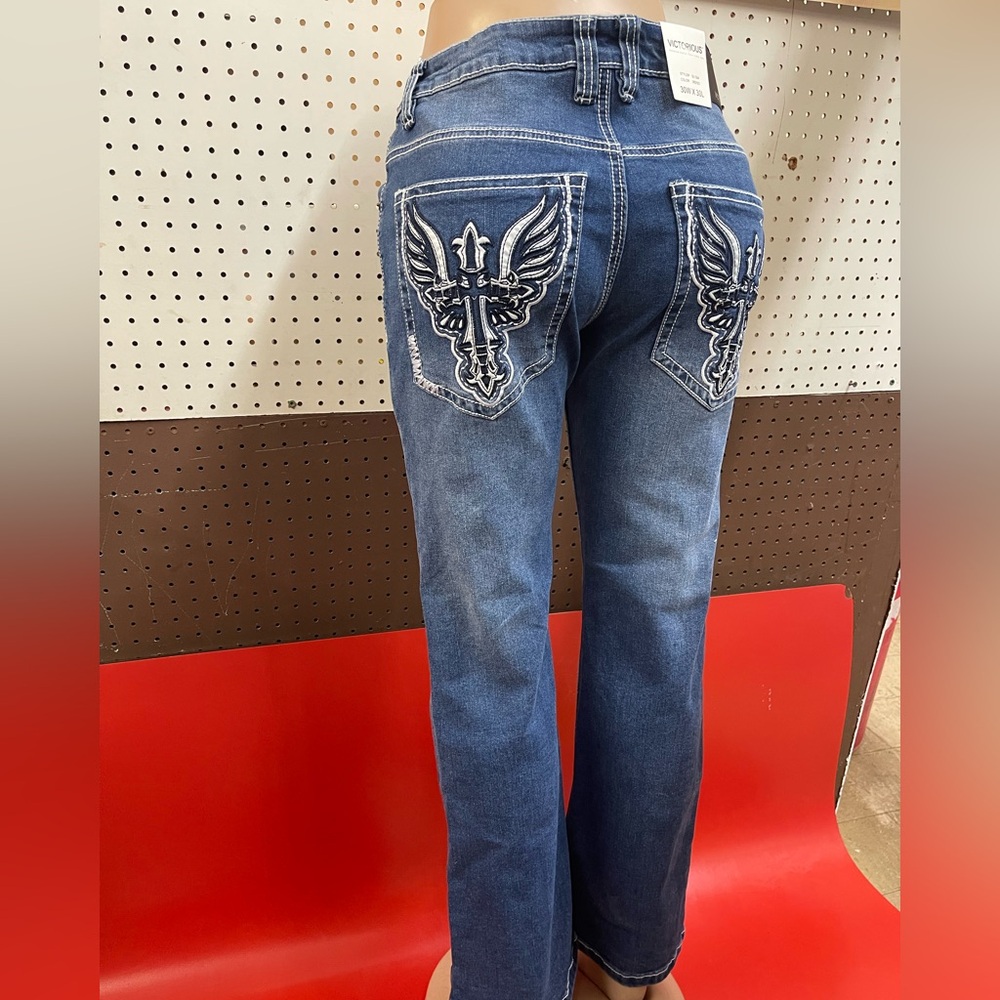 Men’s Ladies Unisex Stretch Denim Blue Jeans Embellished Pockets All Sizes